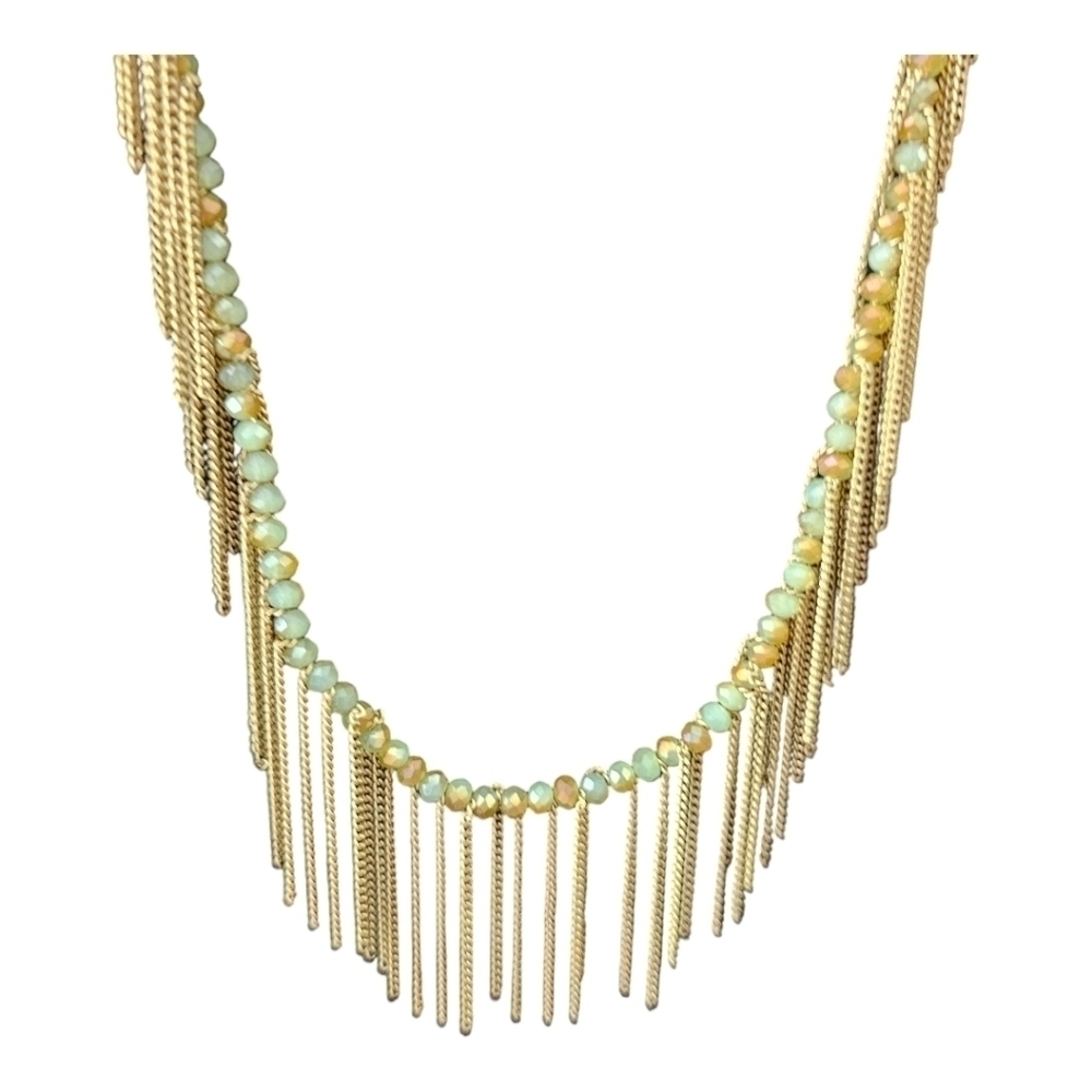 Freedom gold and green long necklace with a boho feeling fringe. - Picture 2 of 12